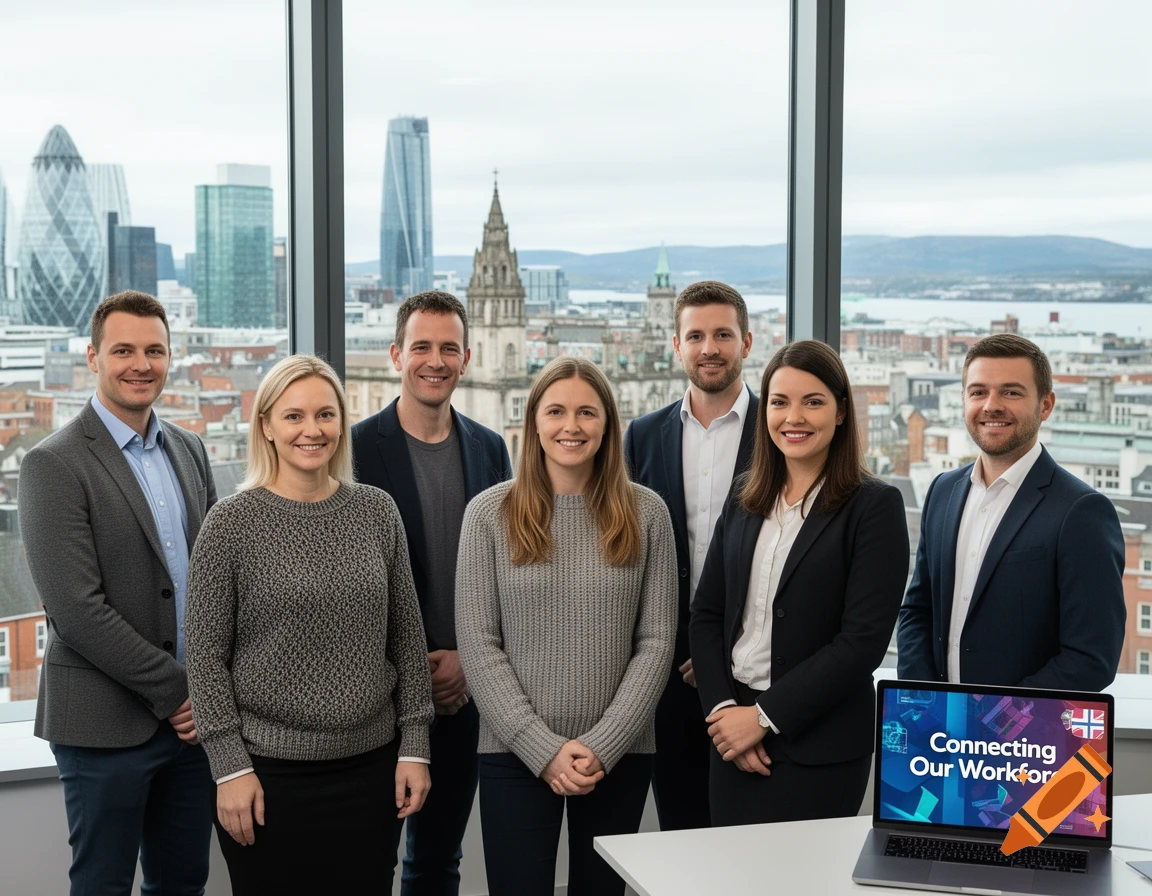 Seven smiling business professionals pose in an office with a city skyline view. A laptop displays "Connecting Our Workforce" with country flags.