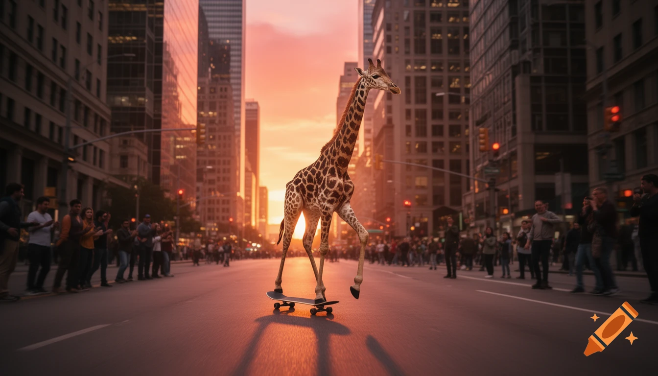 A photorealistic giraffe riding a skateboard down a city street at sunset, with crowds watching.