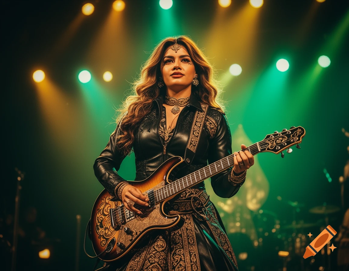 A woman with long wavy hair in a leather jacket and ornate skirt plays an electric guitar on a stage under green and yellow lights.