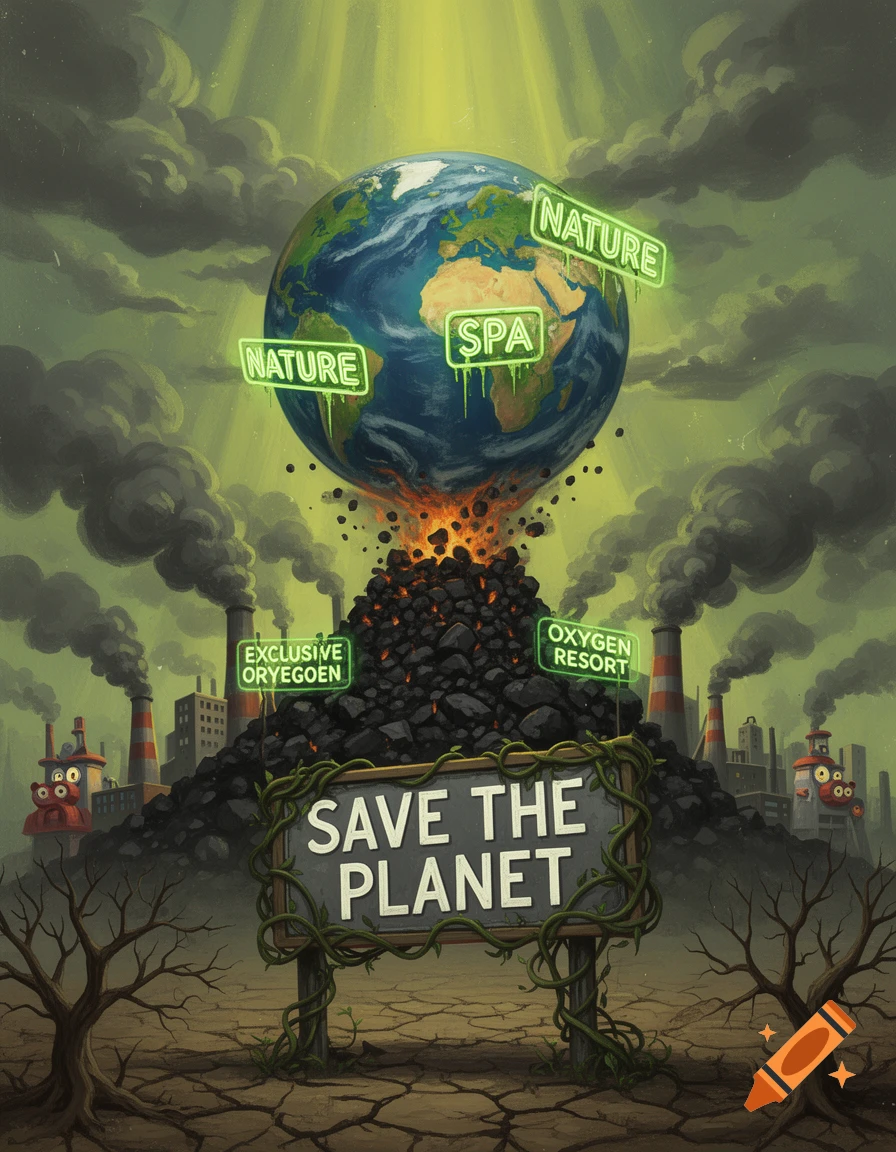 An ironic environmental poster shows Earth above a coal pile and polluting factories. Signs say 'NATURE', 'SAVE THE PLANET', and 'OXYGEN RESORT', amidst a dead, cracked landscape.