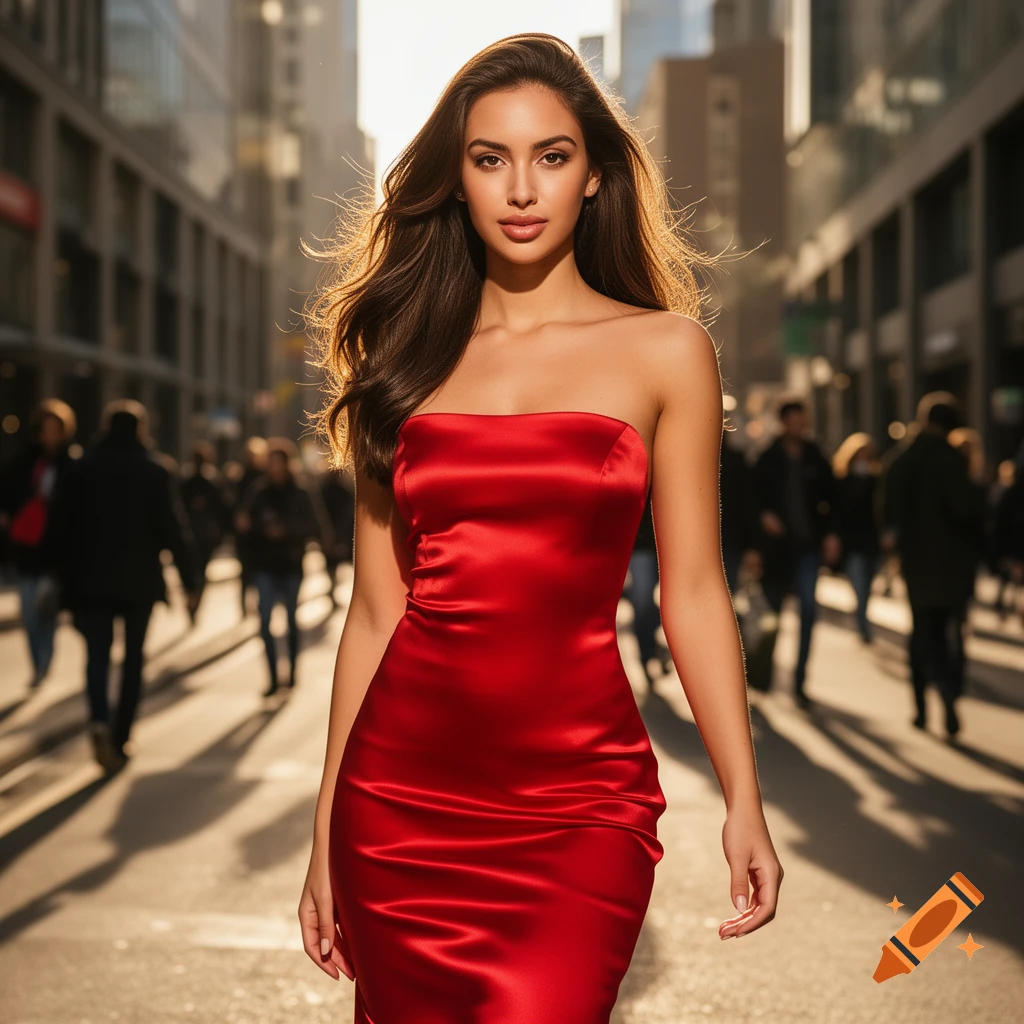 A woman in a vibrant red strapless dress walks confidently down a ...