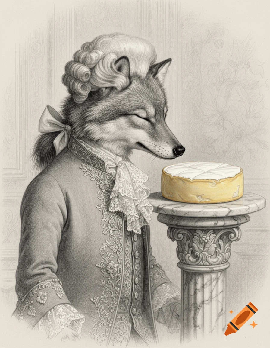 A pencil drawing of a wolf in a Rococo-style wig and suit, with closed eyes, leaning to smell a round of Camembert cheese on a marble pedestal.