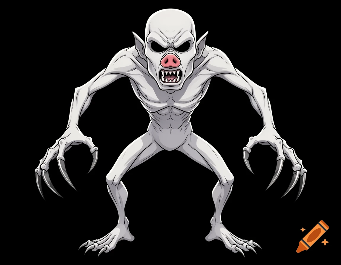 Cartoon illustration of an angry, pale-skinned, slender bat humanoid monster with sharp teeth, black eyes, a flat pig nose, and long claws on a black background.