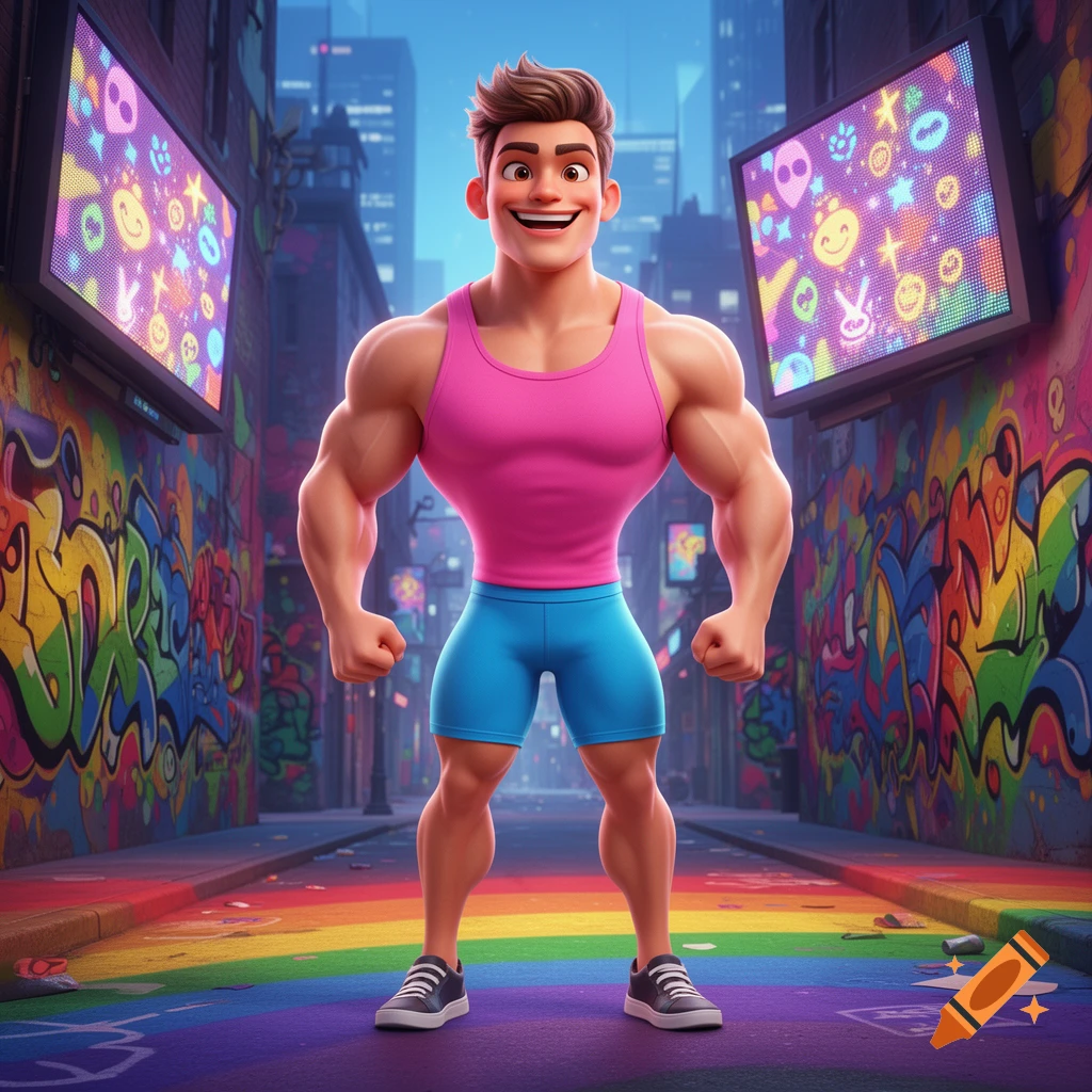 A muscular, smiling 3D cartoon man in a pink tank top and blue shorts stands on a rainbow-colored street with colorful graffiti and screens displaying emojis.