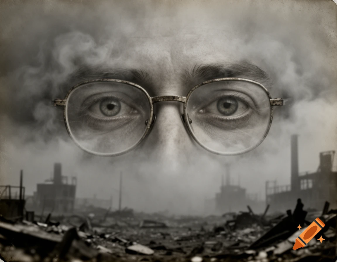 Close-up of eyes with round glasses staring through thick gray smoke over a desolate industrial ruin landscape.