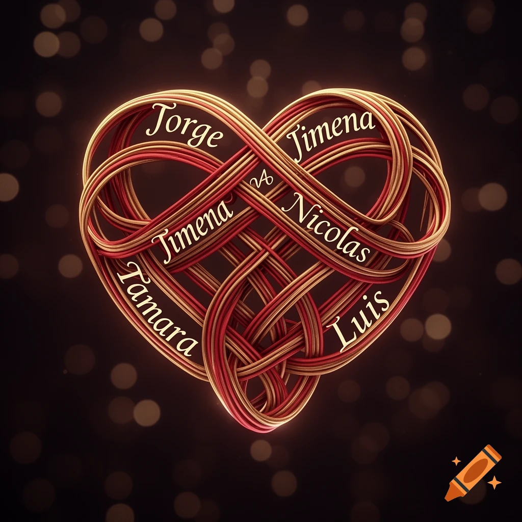 A heart-shaped knot of intertwined red and gold ribbons, featuring names Jorge, Jimena, Nicolas, Tamara, and Luis, against a dark, bokeh background.