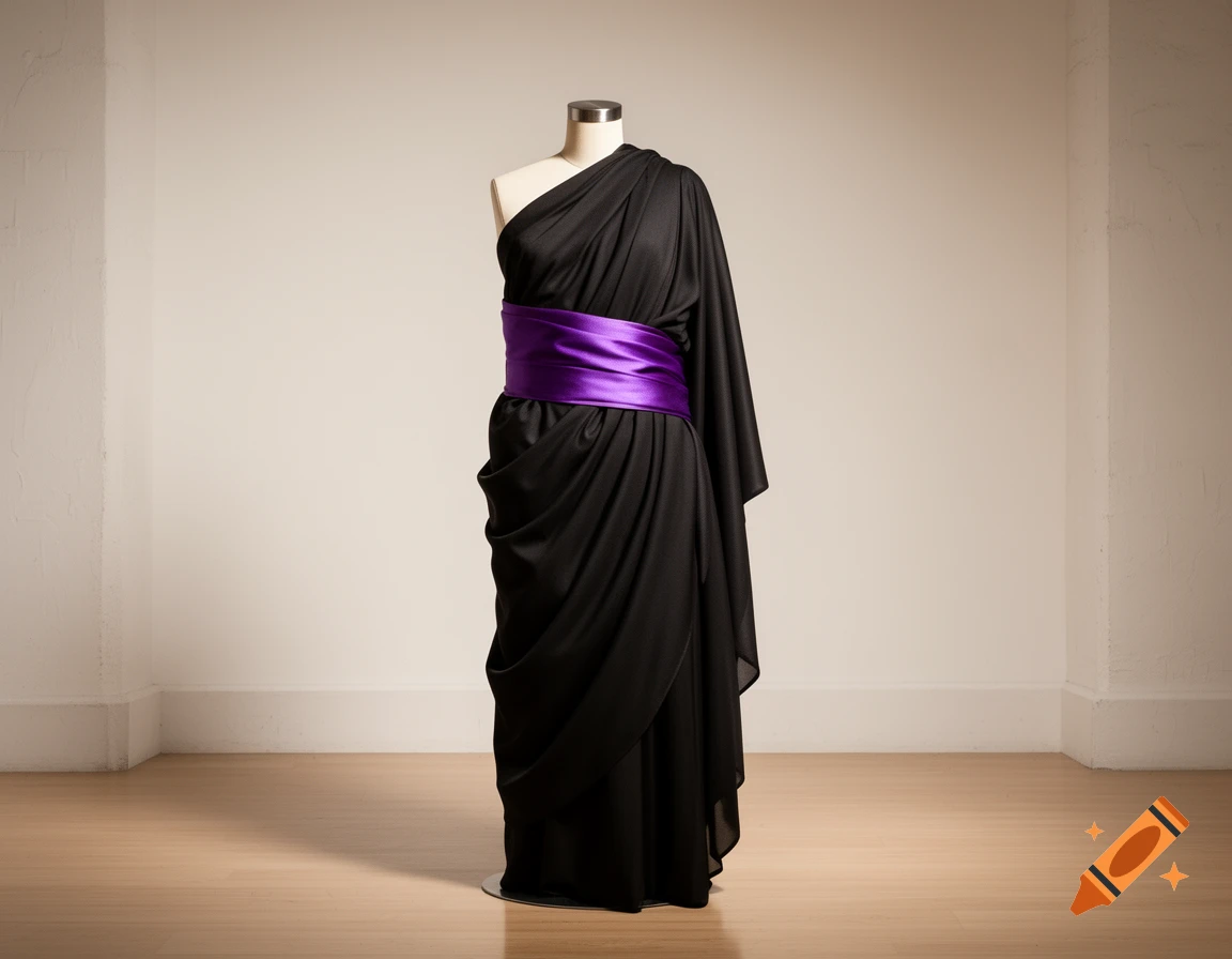 A black toga dress with a vibrant purple sash on a mannequin stands in a bright, minimalist room with wooden floors.