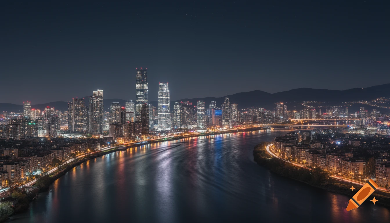Panoramic night cityscape with a river reflecting building lights, under a dark sky with distant mountains.
