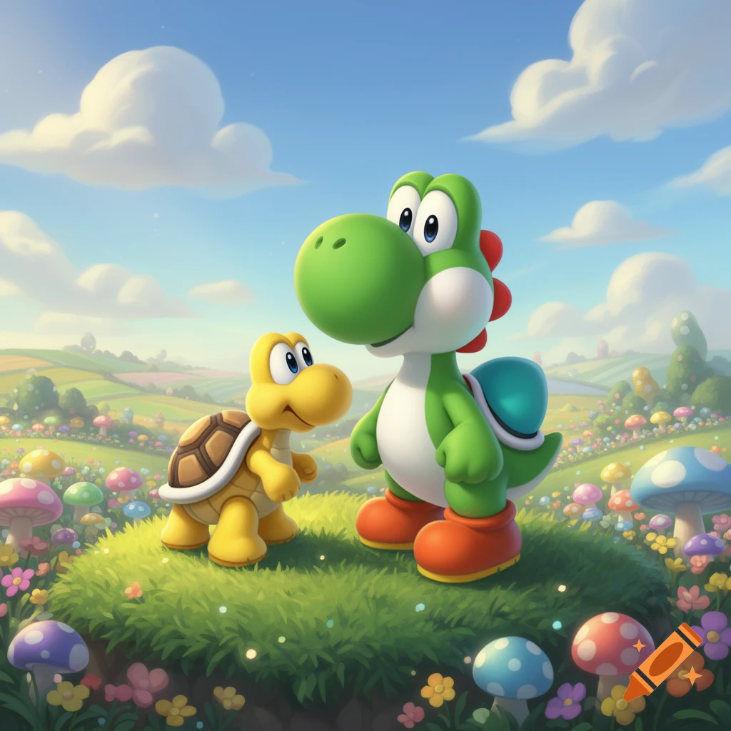 Yoshi and Koopa Troopa stand on a grassy hill with colorful mushrooms and flowers under a blue sky, in a vibrant cartoon style.