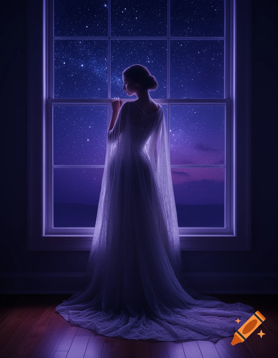 A woman in a flowing white gown stands silhouetted against a large window, looking out at a stunning blue and purple starry night sky.