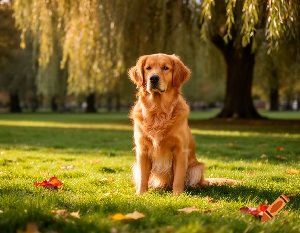 A photorealistic golden retriever sits on green grass with fall leaves ...
