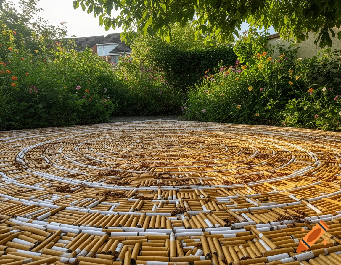 A circular garden patio meticulously crafted from thousands of yellow and white cigarette butts in a swirling pattern.
