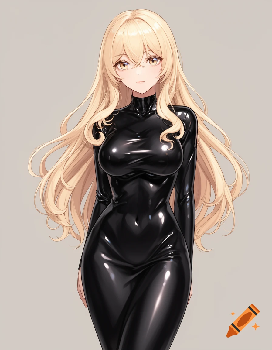 An anime girl with long blonde hair and large expressive eyes, wearing a sleek, glossy black latex-style dress. She stands confidently against a plain neutral background.