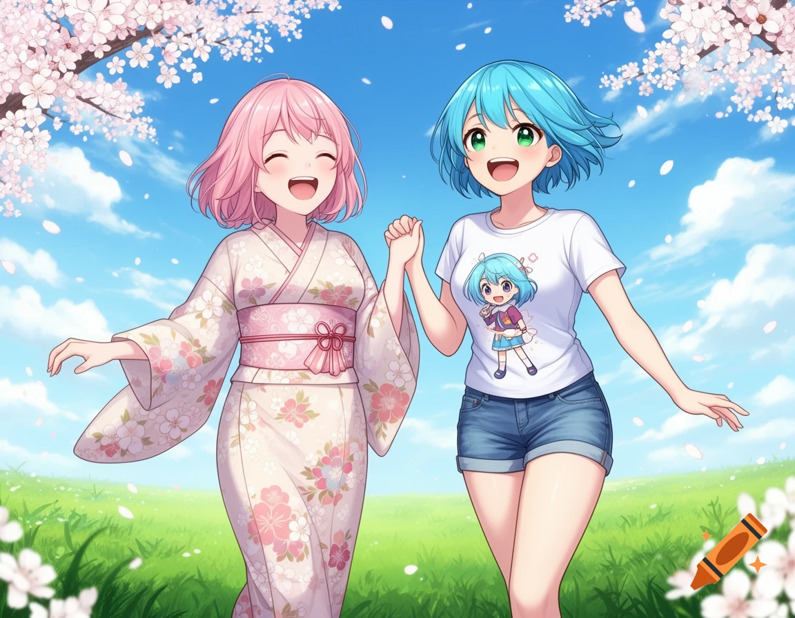 Two smiling anime girls, one in a pink kimono and one in a white t-shirt and denim shorts, hold hands under cherry blossoms in a grassy field.