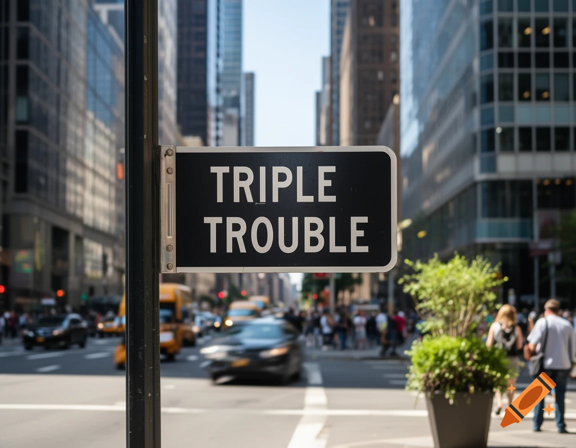 A black street sign reading 'TRIPLE TROUBLE' on a pole, with a blurred city street, buildings, cars, and pedestrians in the background.