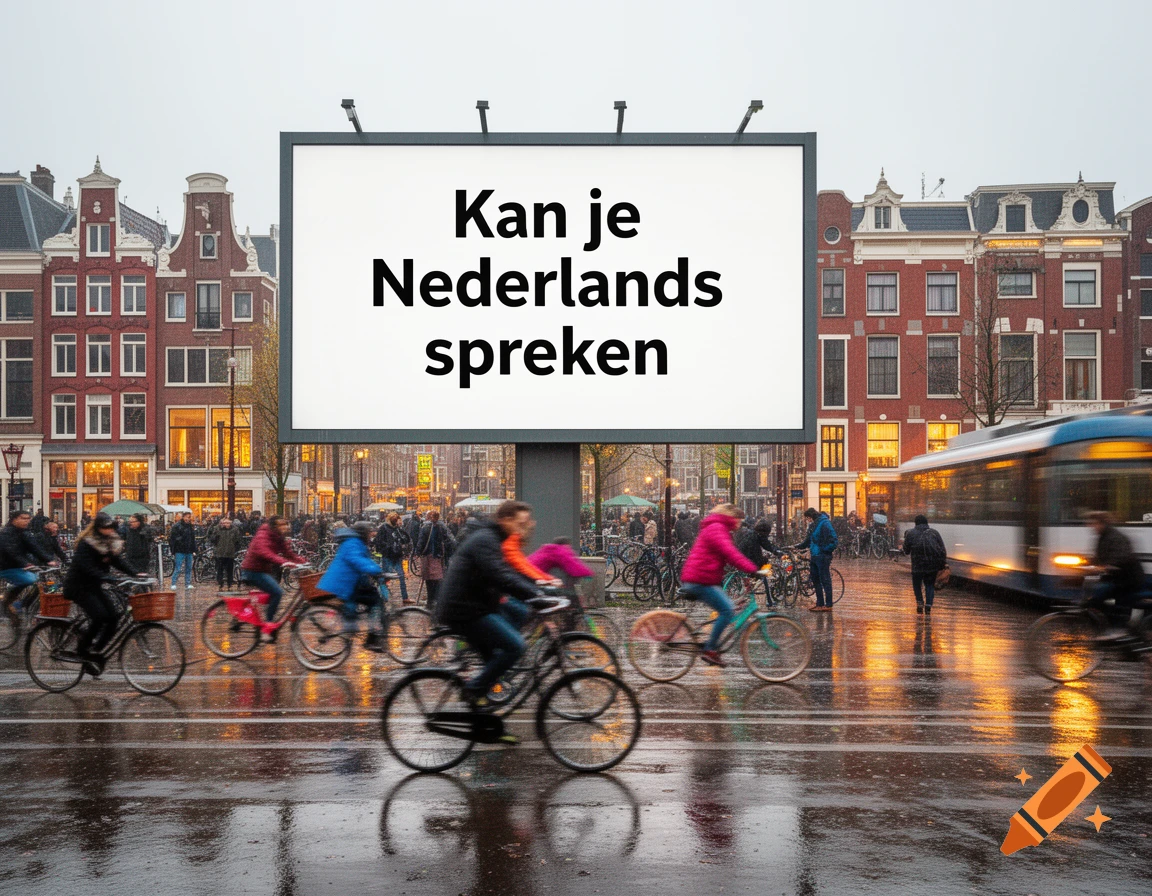 A busy, rainy European city street with cyclists, pedestrians, and a large billboard displaying 'Kan je Nederlands spreken'.