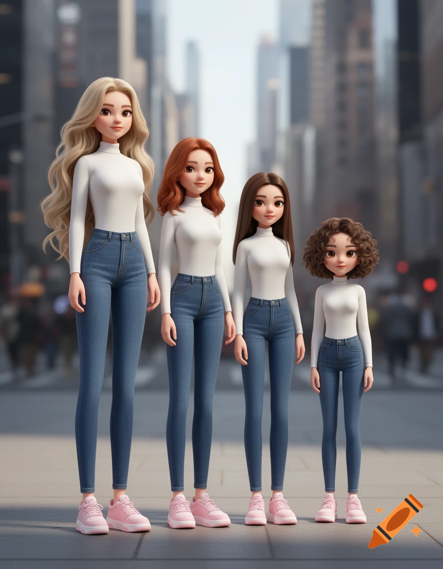 Four 3D animated girls of different heights with varying hair colors, all wearing white turtlenecks, blue jeans, and pink sneakers, on a city street.