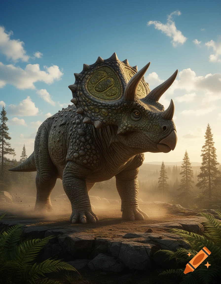 A photorealistic triceratops-like dinosaur stands on a rocky ledge in a misty forest at sunset.