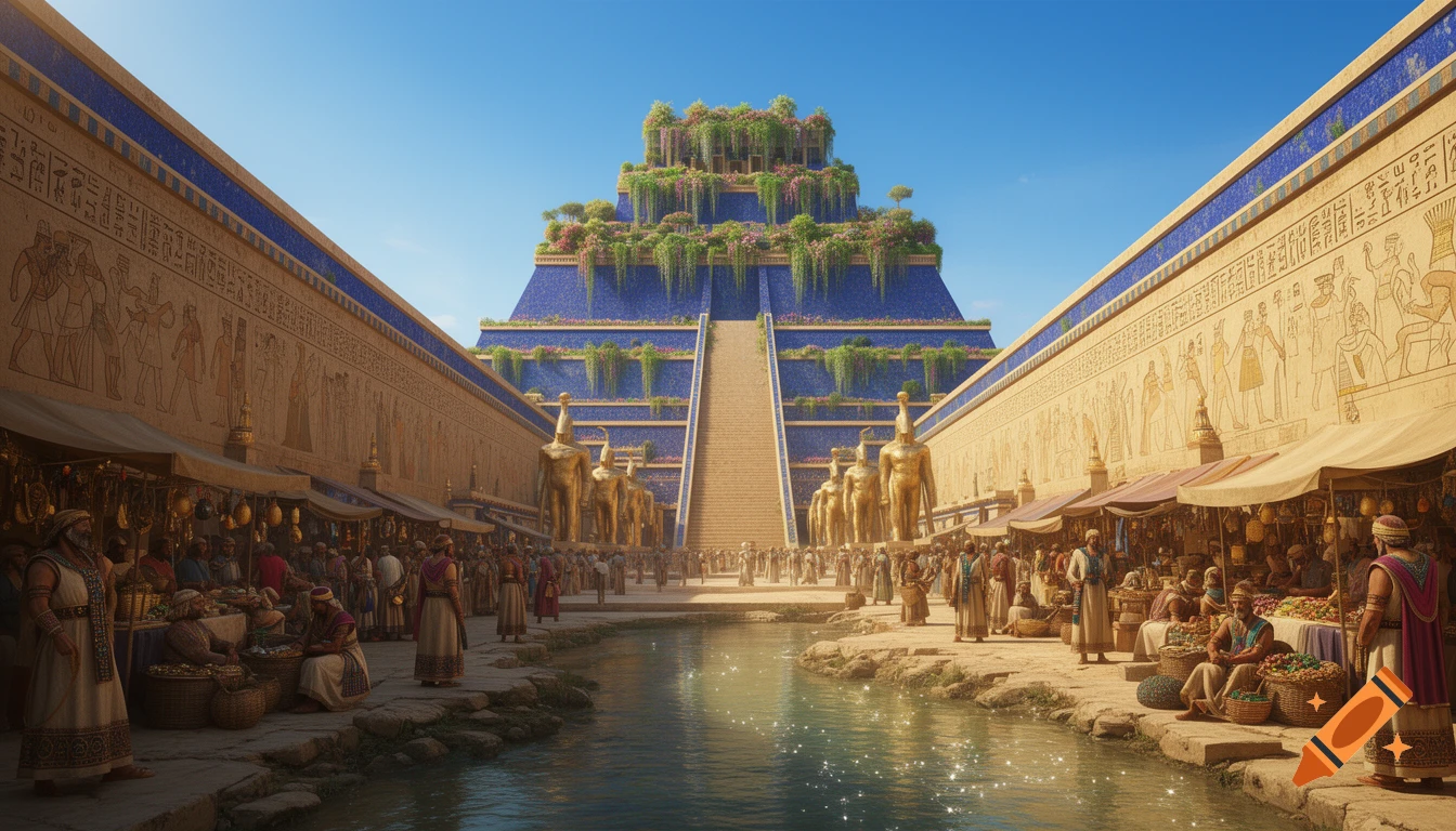 A wide view of an ancient Babylonian marketplace with a canal, bustling crowds, and a grand, plant-covered blue ziggurat under a clear sky.