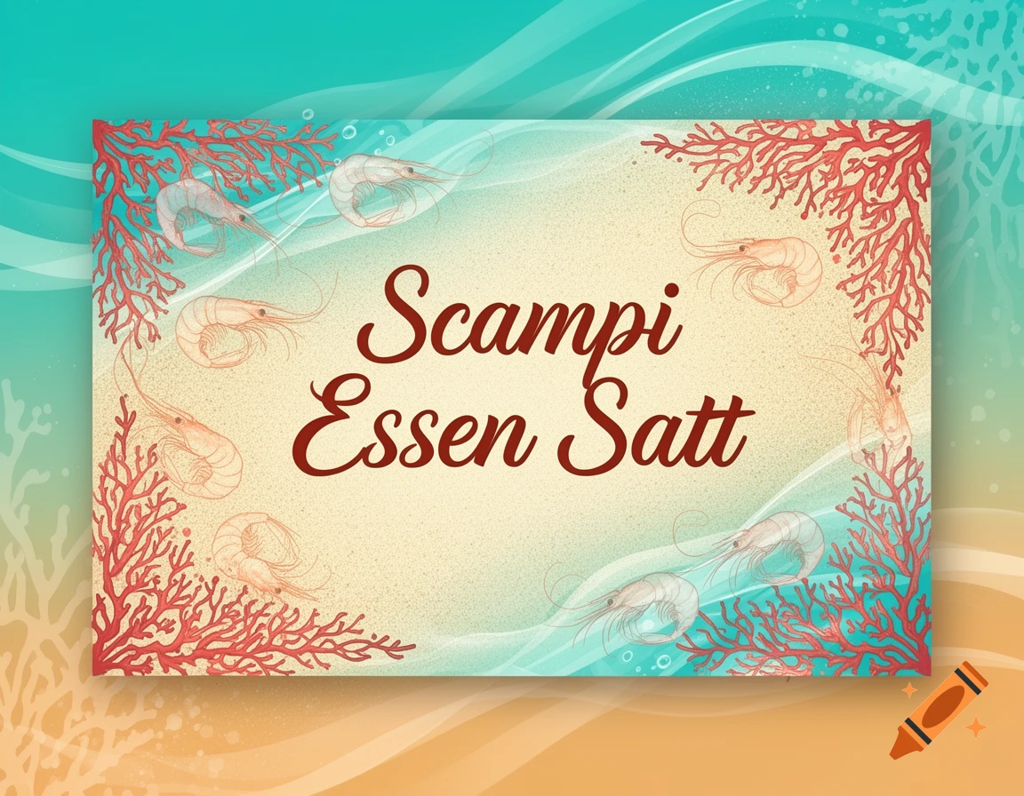 Illustrated voucher with 'Scampi Essen Satt' text, bordered by red coral and scampi, on an aqua and sand-colored background.