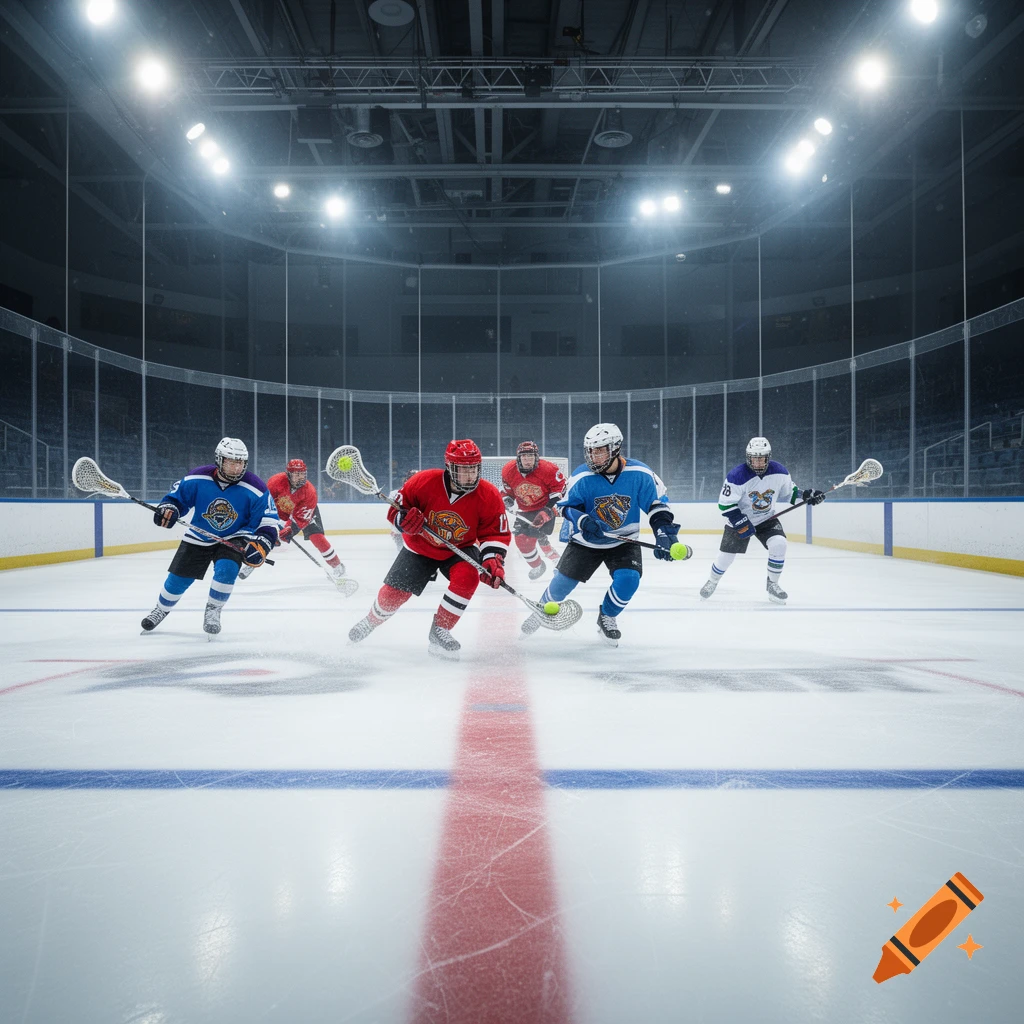 Six athletes in blue and red jerseys play a lacrosse-like game on an ice hockey rink under bright stadium lights.