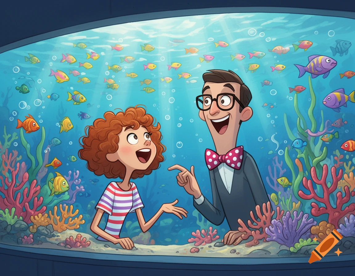 Cartoon of a man and a child smiling at colorful fish and coral in a vibrant aquarium.