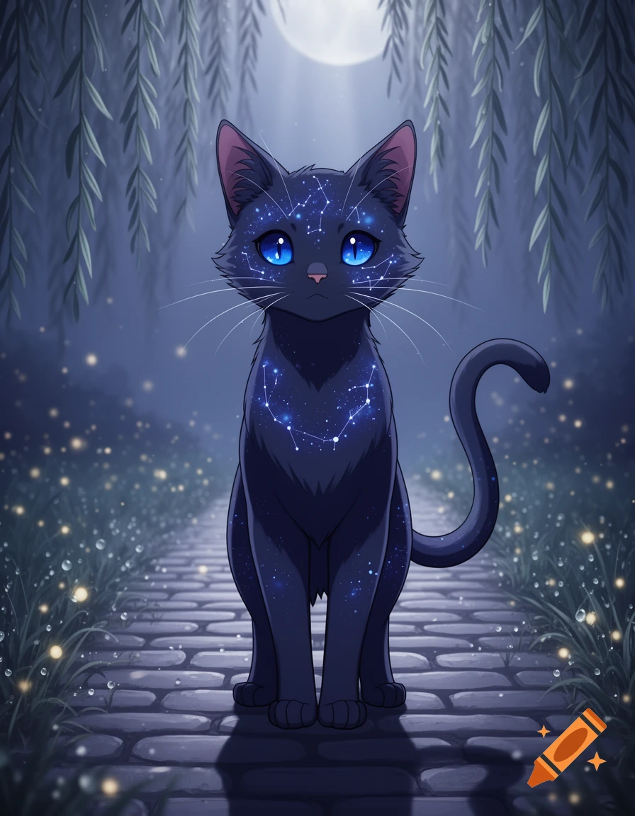 A stylized black cat with blue glowing eyes and constellation patterns on its fur sits on a stone path under a full moon and willow branches.