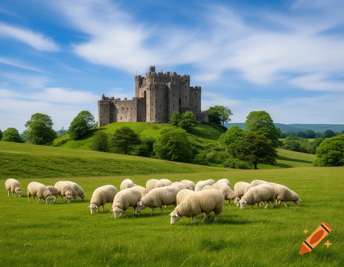 A stone castle on a green hill with a flock of sheep grazing in the foreground under a blue sky with white clouds. Photorealistic.
