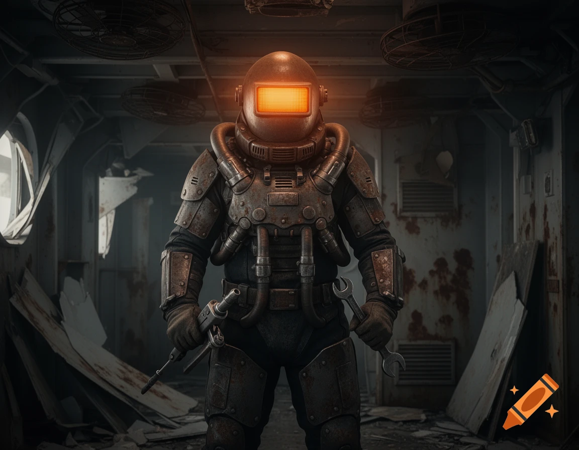 A person in a rusty, heavy engineering suit with a glowing orange visor stands in a dark, dilapidated industrial ship, holding tools.