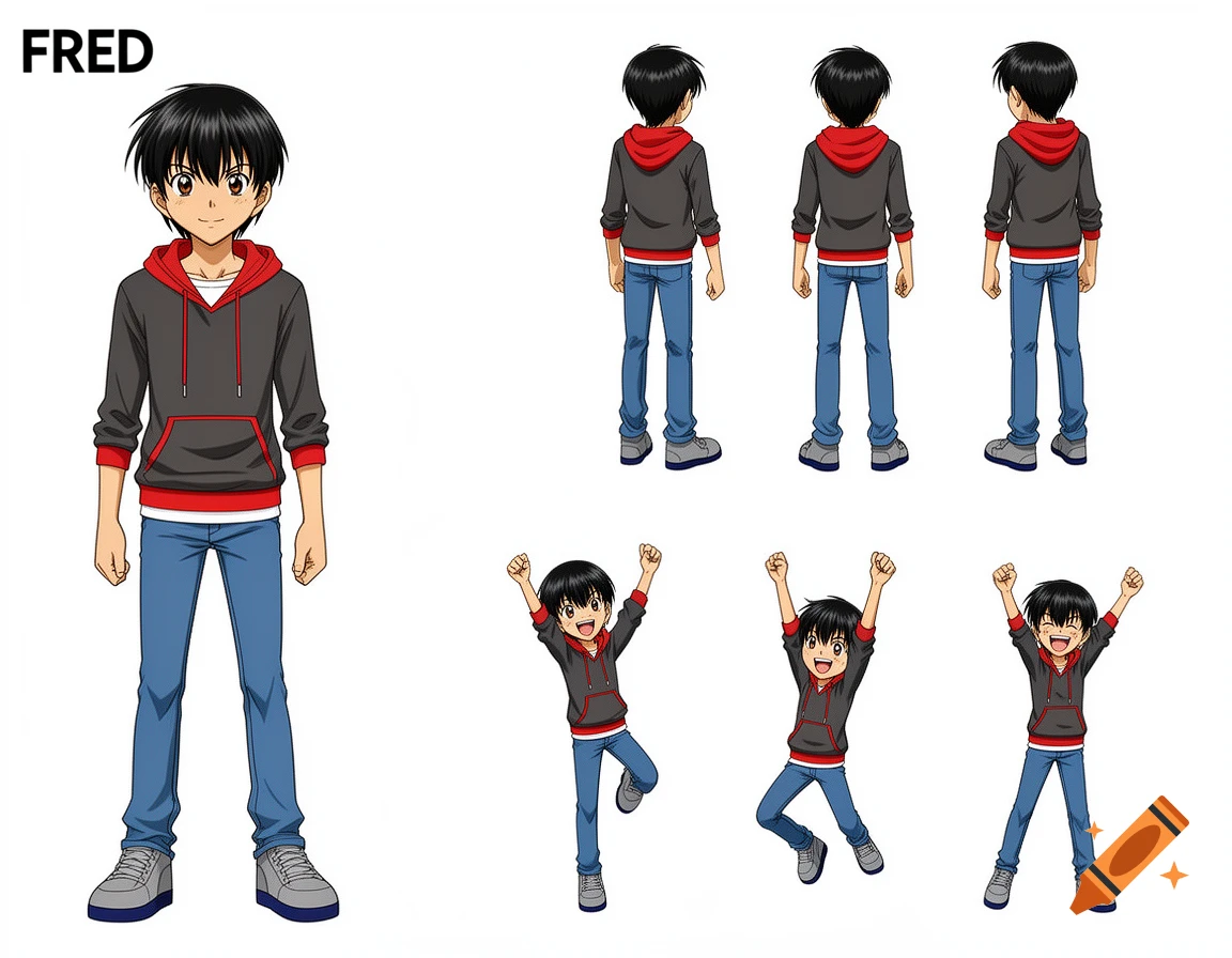 Anime boy named Fred in a grey hoodie and blue jeans, shown in full-body front, back, side views, and three cheering poses.