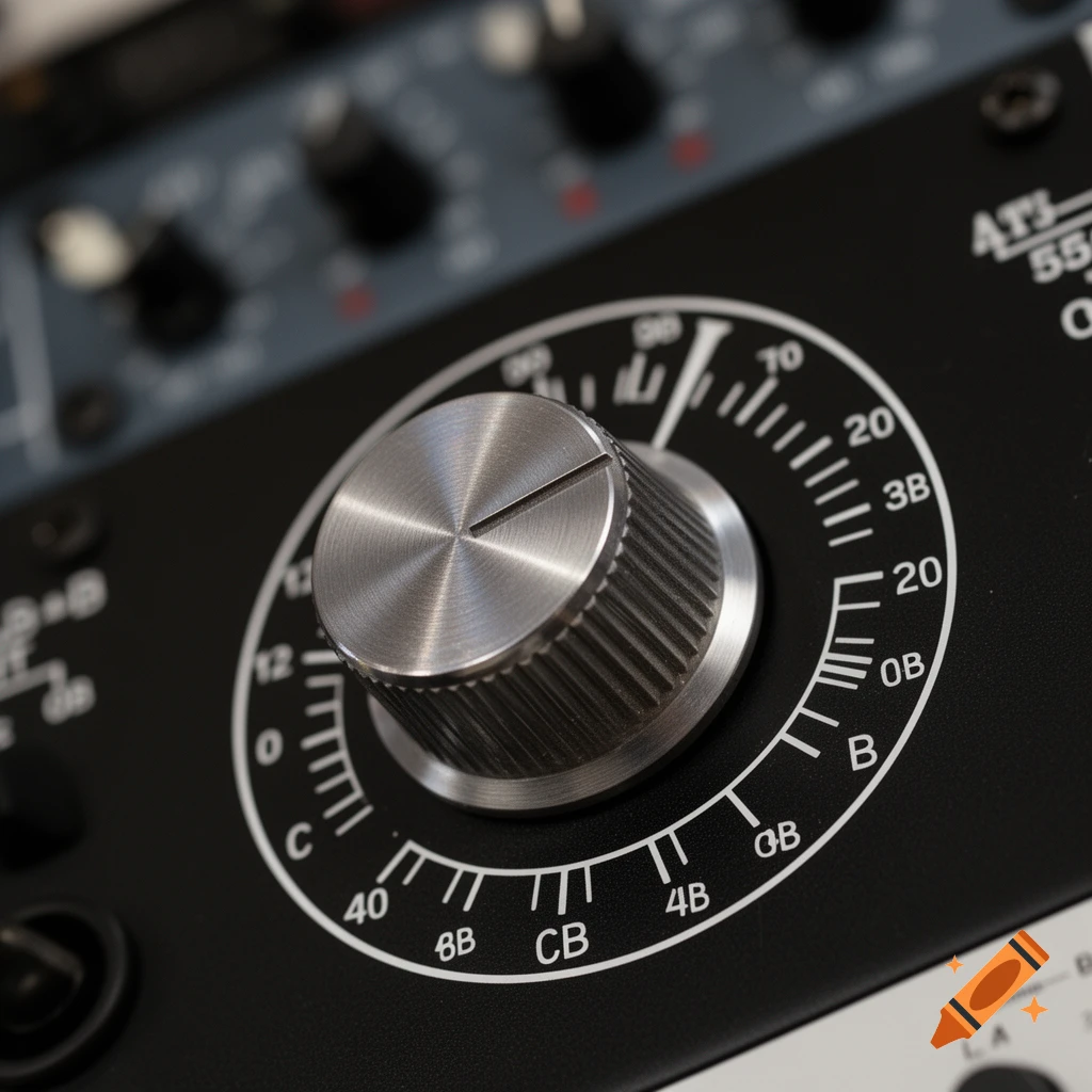 Close-up of a brushed metal knob on black audio equipment, with white numbers and letters for settings.