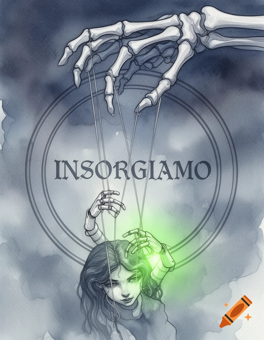 Watercolor illustration of a skeletal hand controlling a puppet with glowing green eyes and robotic hands, with the word 'INSORGIAMO' above.
