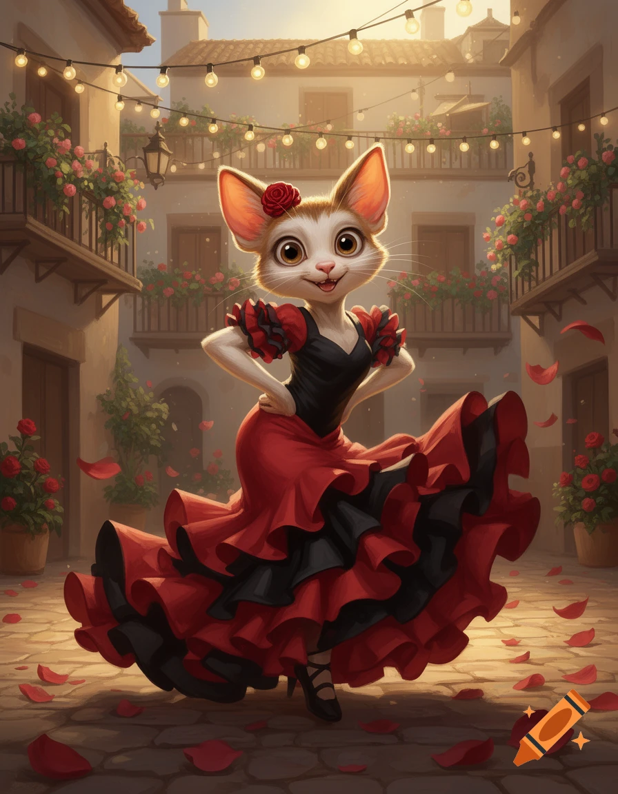 A cartoon cat dances flamenco in a red and black dress on a Spanish street with string lights and rose petals.