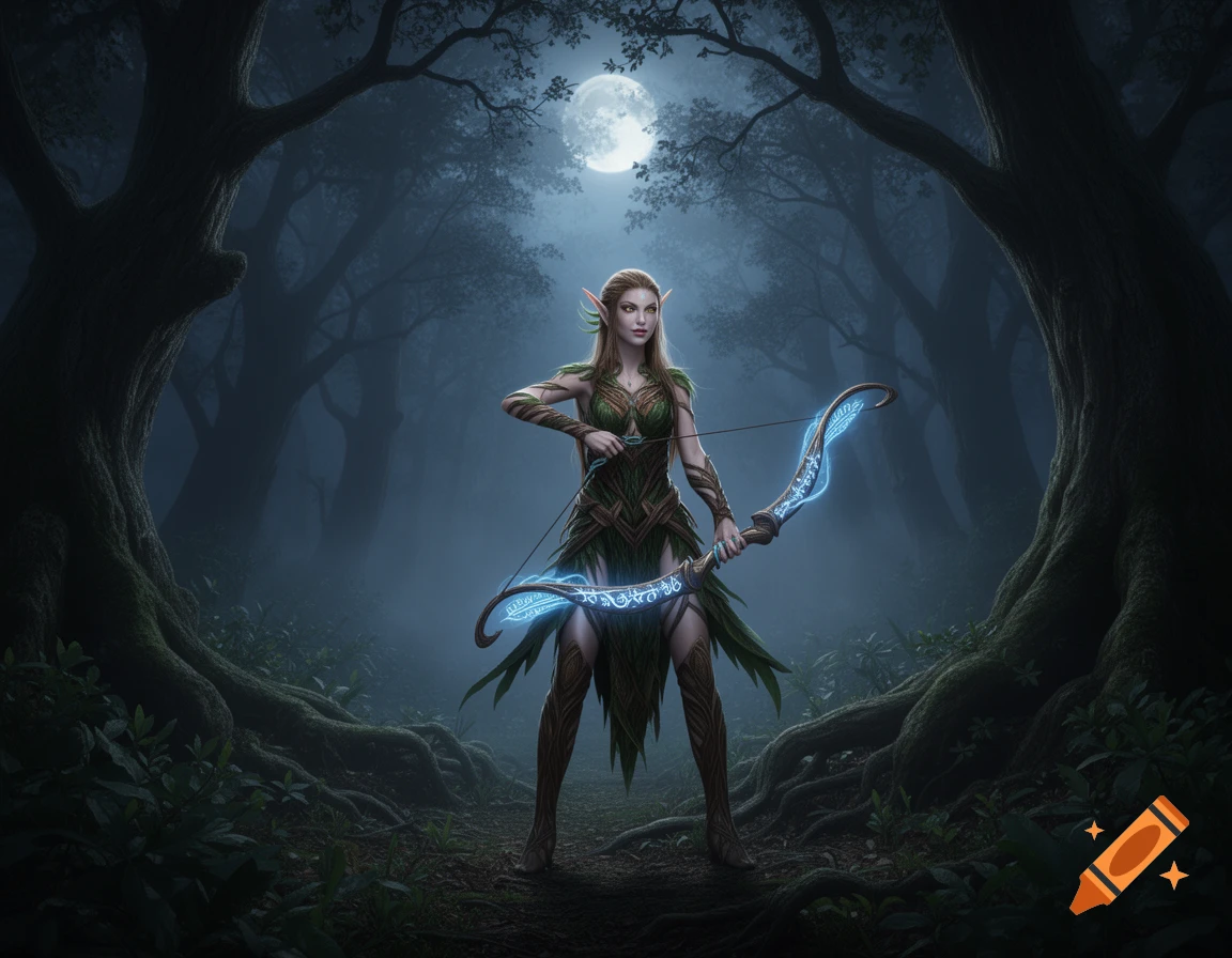A female wood elf in leafy green attire, holding a glowing magical bow, stands in a dark, misty forest under a full moon.
