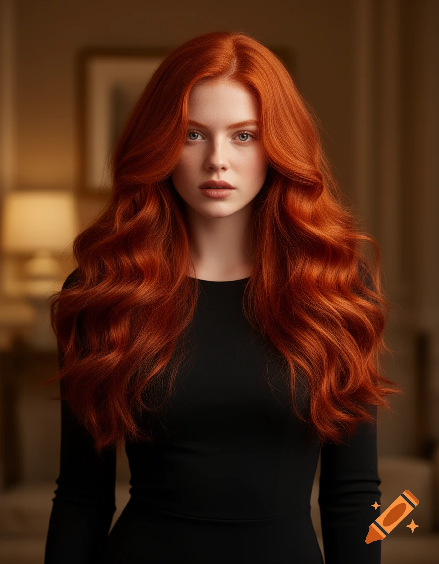 Photorealistic portrait of a woman with long, wavy red hair in a black ...