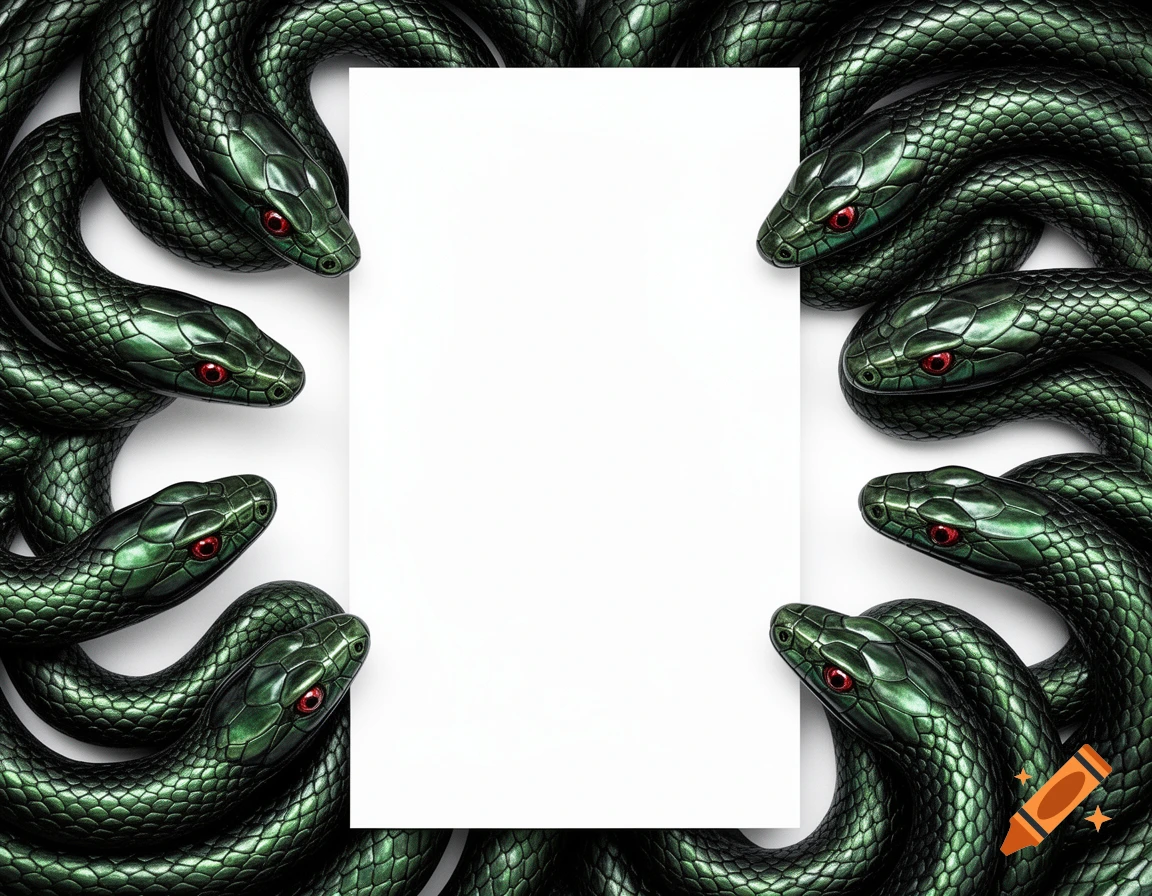 Detailed green snakes with red eyes coil around a white blank page.