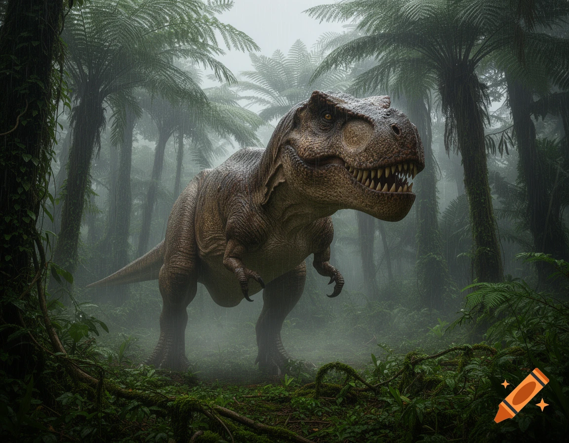 A photorealistic Tyrannosaurus Rex stands in a misty, rainy rainforest, surrounded by lush ferns and tall trees.
