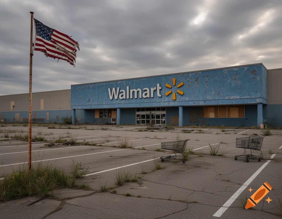 Abandoned Walmart store with peeling blue facade and a tattered American flag in an overgrown parking lot under a cloudy sky.
