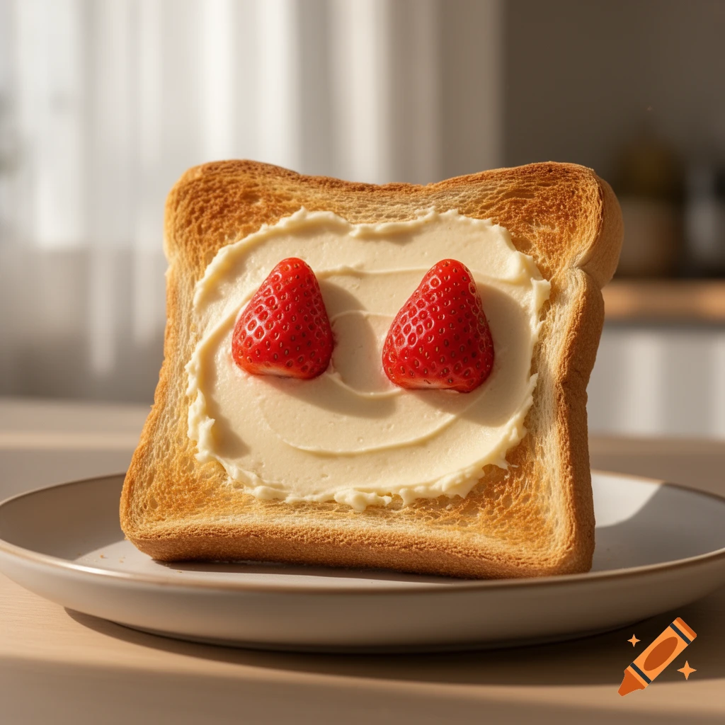Photorealistic slice of toast with cream cheese and two strawberry 'eyes' on a plate, bathed in sunlight.