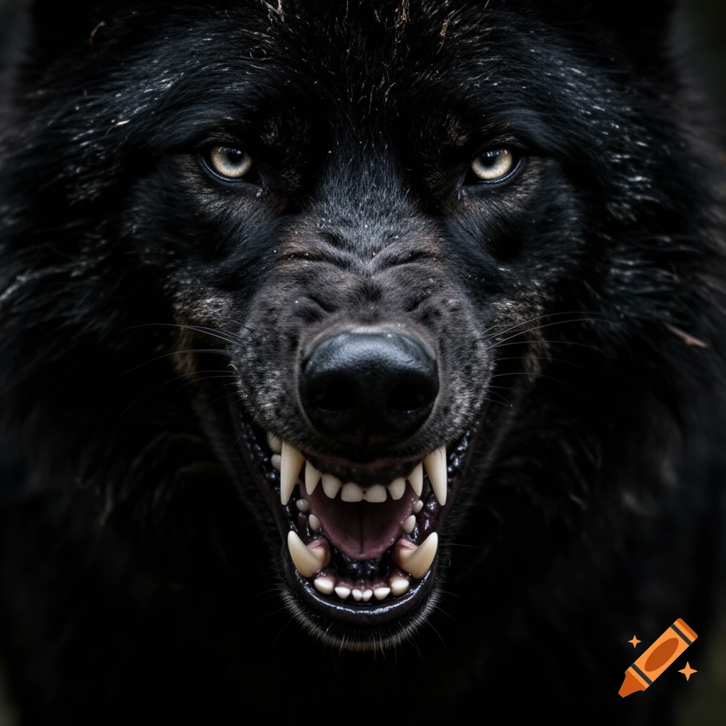 A photorealistic close-up of a snarling black wolf with bared fangs and intense yellow eyes.