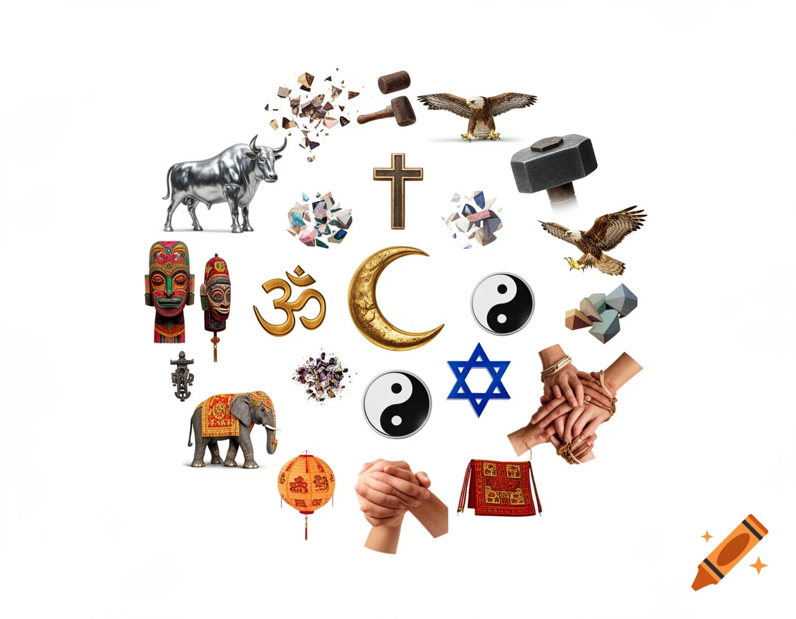 Photorealistic collage of religious and cultural symbols like a bull, cross, Om, crescent, Yin-Yang, Star of David, masks, elephant, hands, eagles, and hammers on white.