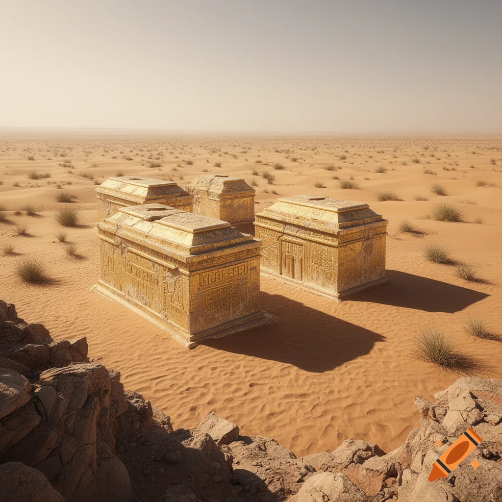 Four ornate golden tombs stand in a vast, sunlit desert with sparse dry brush and rocky foreground, photorealistic.