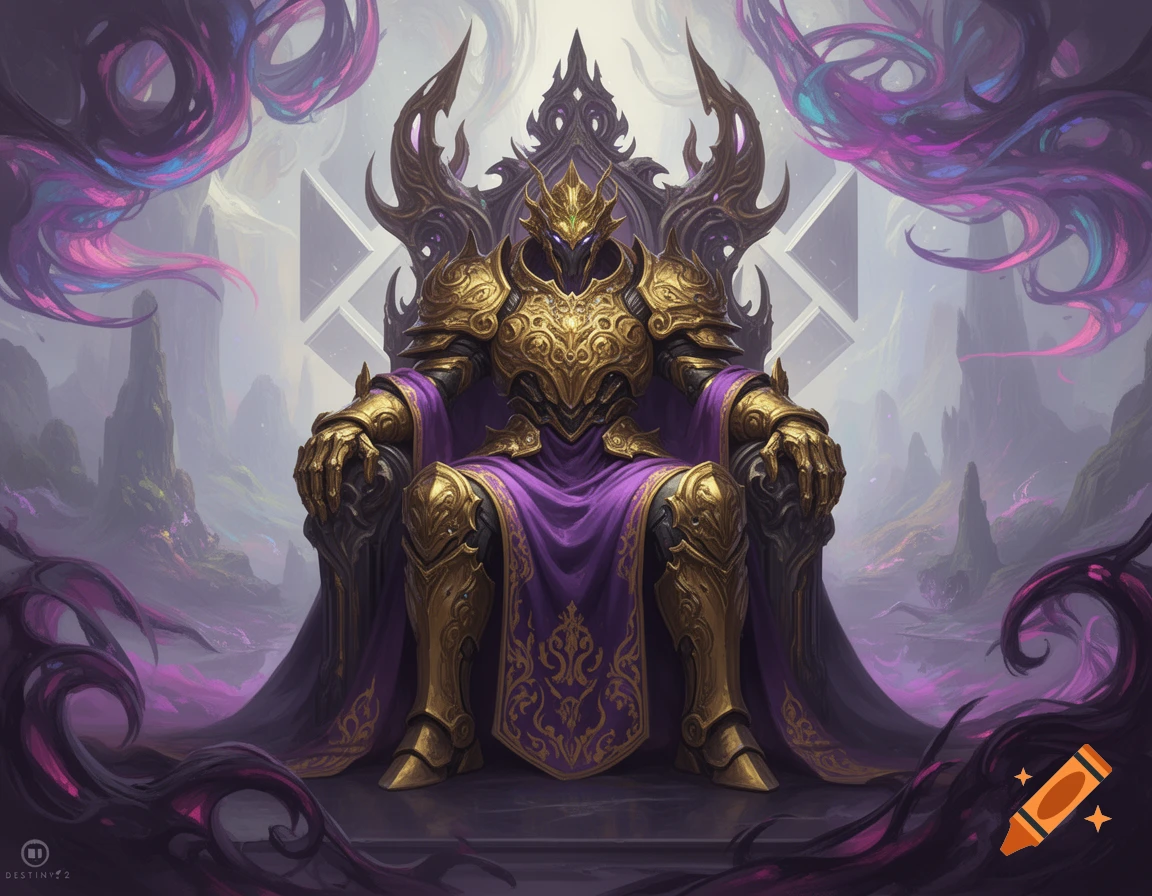 An armored, regal figure in gold and purple sits on an ornate dark throne, surrounded by swirling purple energy in a fantasy landscape.