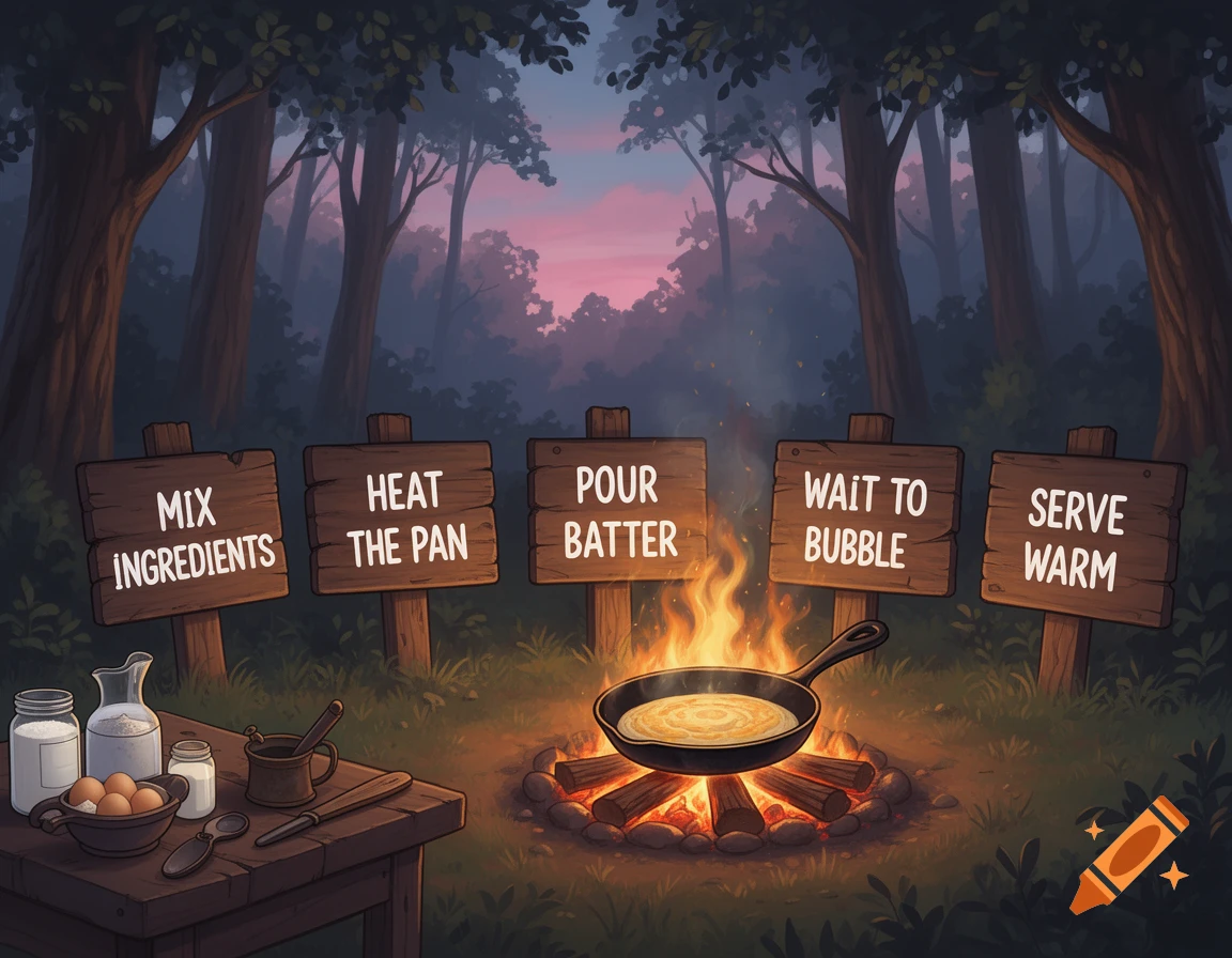 A cartoon-style image showing five wooden signs with pancake tutorial steps: mix ingredients, heat pan, pour batter, wait to bubble, serve warm. A pan cooks on a bonfire in a forest, with ingredients on a table.