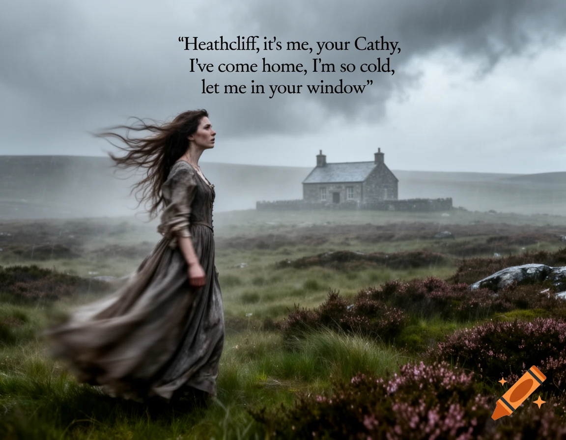 A photorealistic image of a woman in a long dress on a windswept moor with a stone house in the distance. Overlaid text reads a quote from 'Wuthering Heights'.