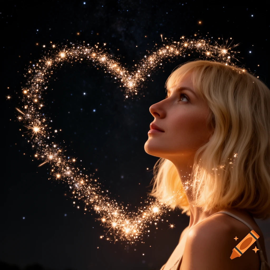 Blonde woman looking up at a starry night sky with a glowing heart of sparks surrounding her, in a photorealistic style.