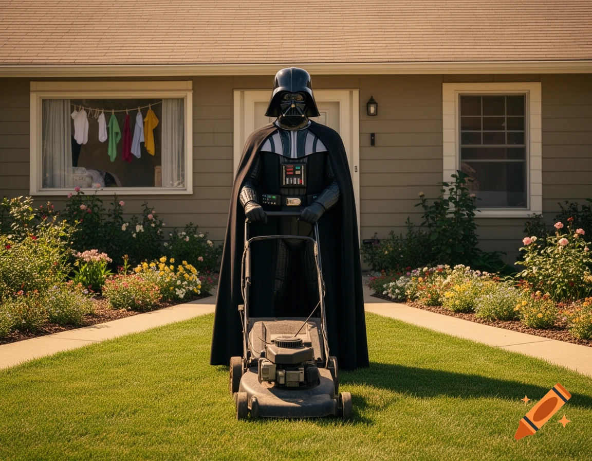 Photorealistic image of Darth Vader mowing a lush green lawn in front of a suburban house with laundry hanging in a window.