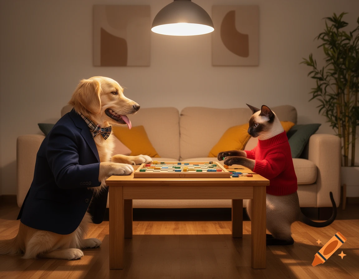 A photorealistic image of a golden retriever in a navy suit and a Siamese cat in a red sweater playing a board game on a table in a cozy living room.