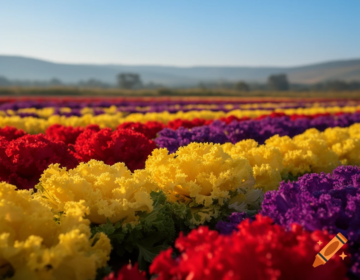 Vibrant rows of red, yellow, and purple ornamental plants in a field under a clear blue sky, with distant hills.