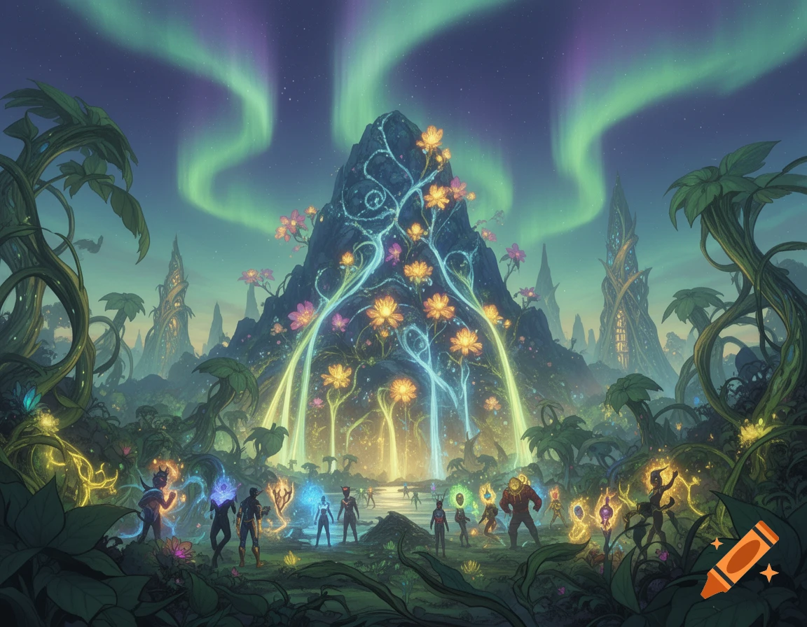 A vibrant fantasy landscape at night with a central glowing mountain, lush jungle, several small figures, and aurora borealis in the sky.